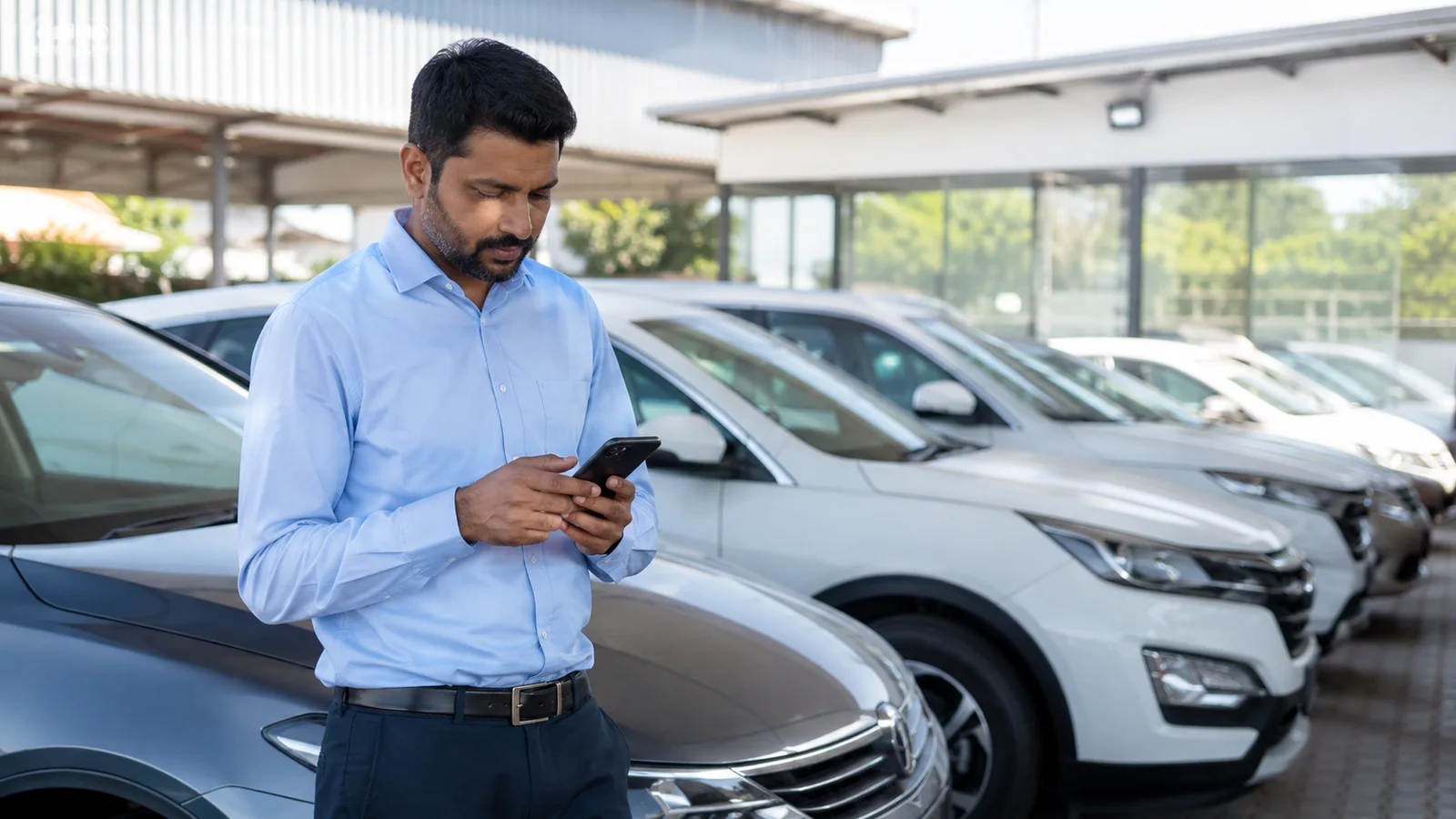 Dealer using his phone alongside vehicles in the showroom lot