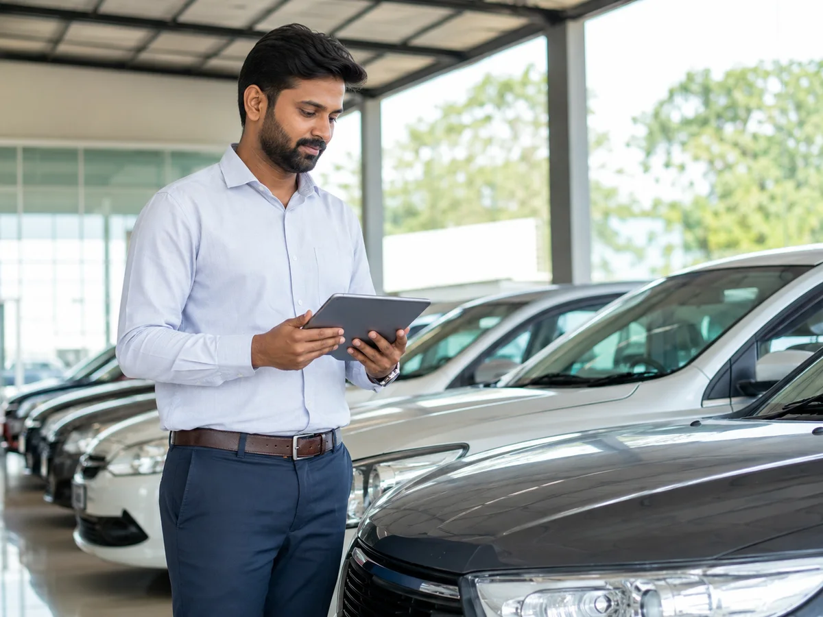 Dealer managing vehicle inventory on a tablet in the showroom