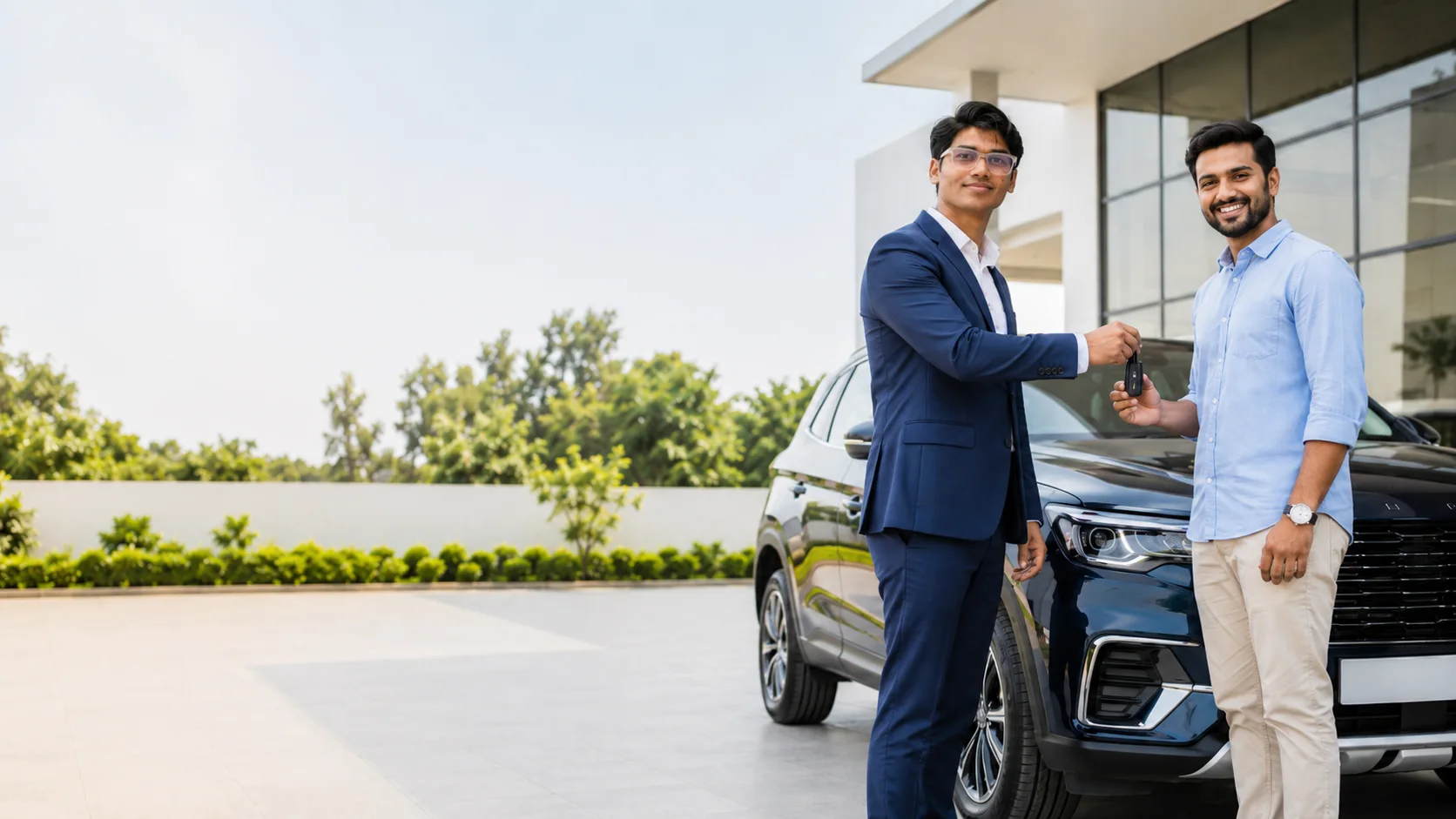 Dealer handing vehicle keys to a buyer beside a premium SUV