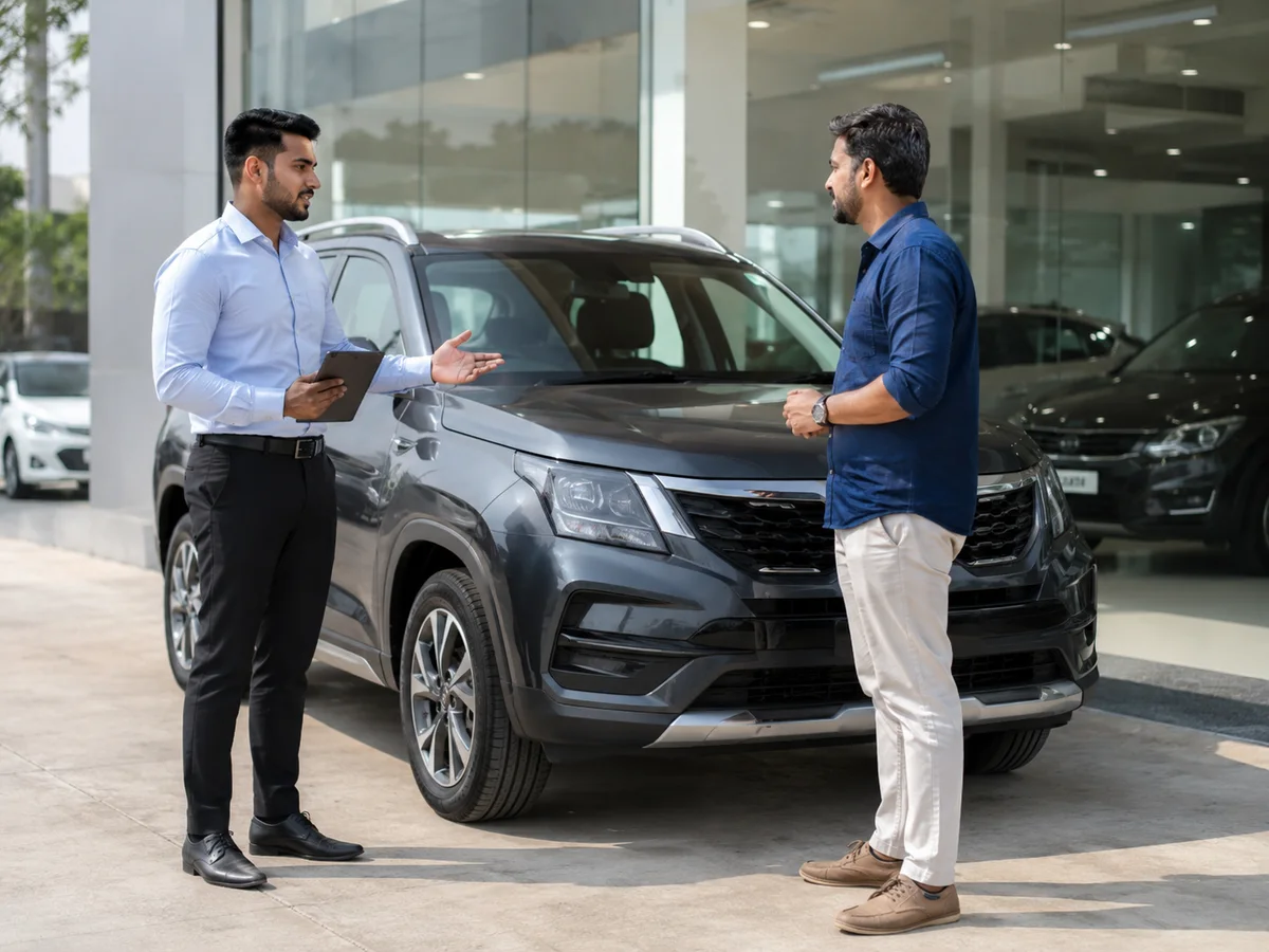 Dealer assisting a car buyer